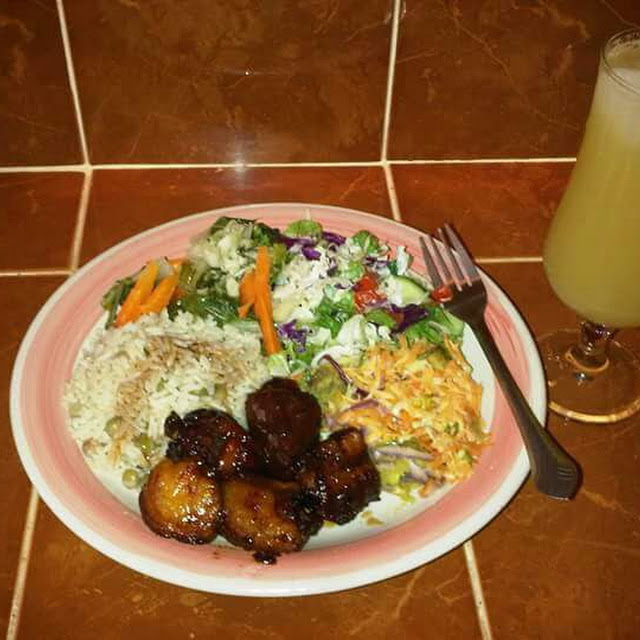 Jamaican Brown Stew Fish with Red Beans and Rice and Vegetable