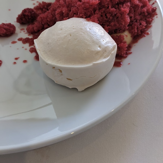 Pavlova With Vanilla Pastry Cream Dulce de Leche And Rasberry Granita