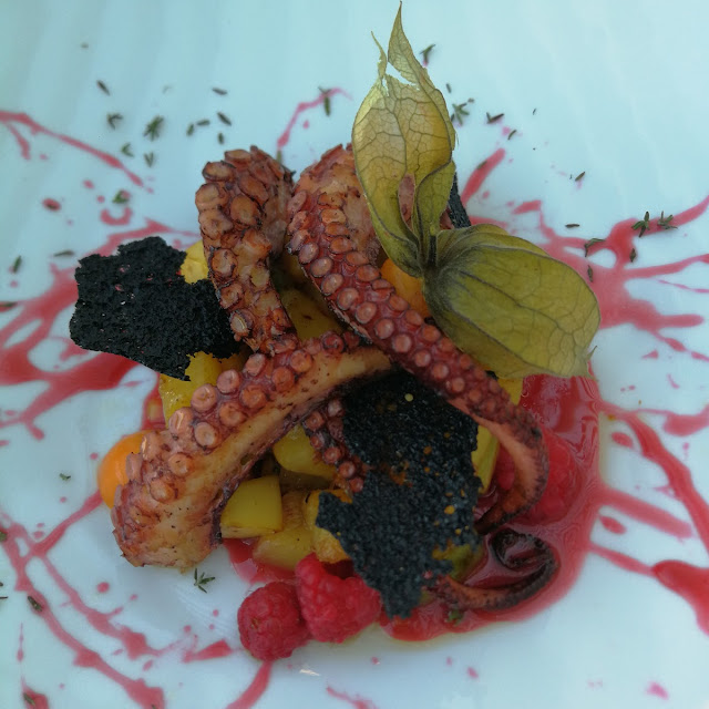 Polpo Alla Piastra Con Avogado E Mango Scottati Su Letto Di Crema Di Lamponi