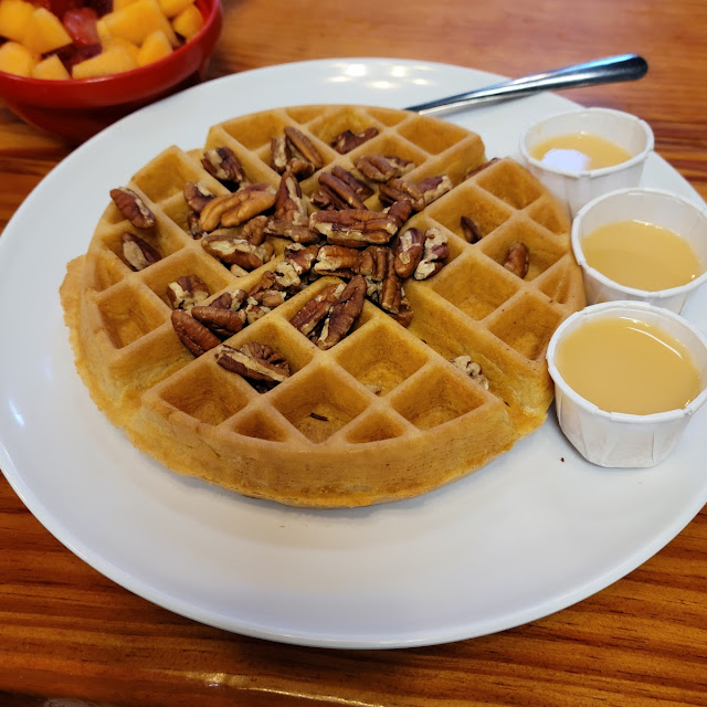 Belgian Waffle with Pecans and Butter Syrup