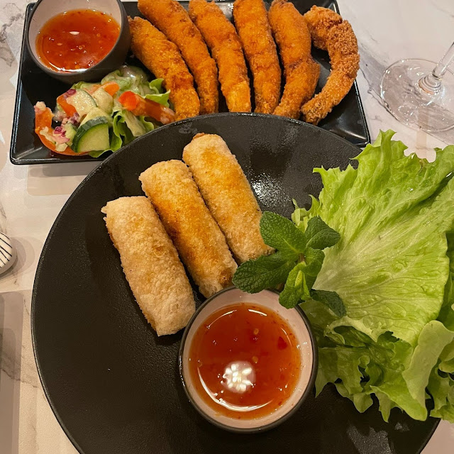 Shrimp Fritters and Beer Spring Rolls