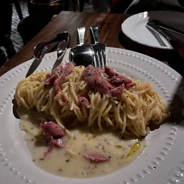 Spaghetti Truffle Chicken Jus with Confit Duck Leg