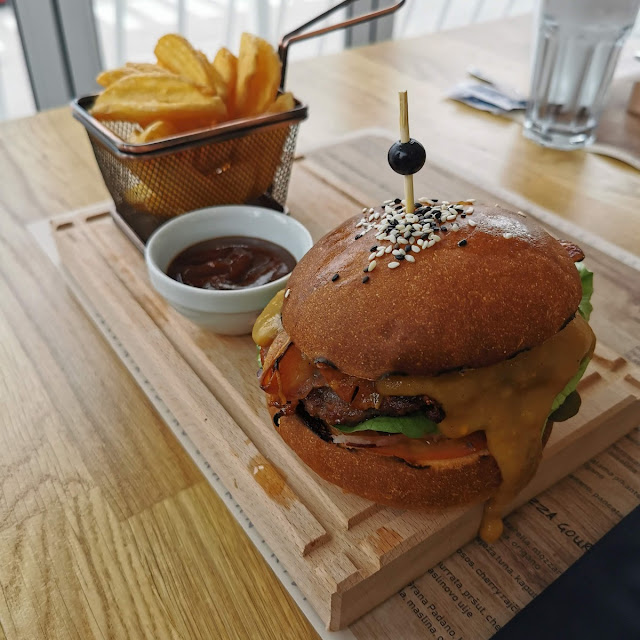 Black Beer Burger and Fries