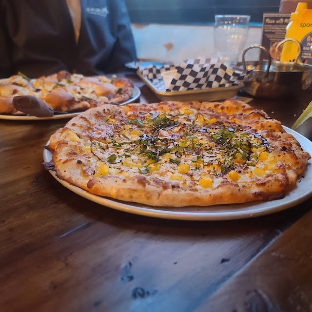 Peaches Goat Cheese Balsamic Reduction and Basil Pizza