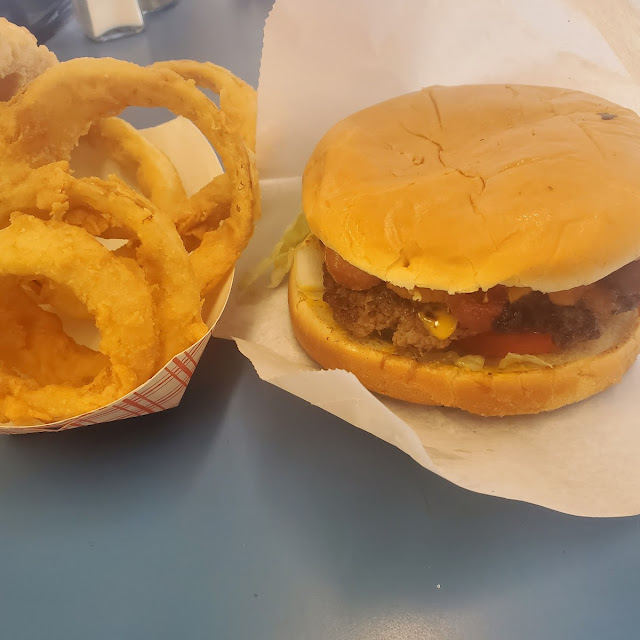 Bacon Cheeseburger and Onion Rings