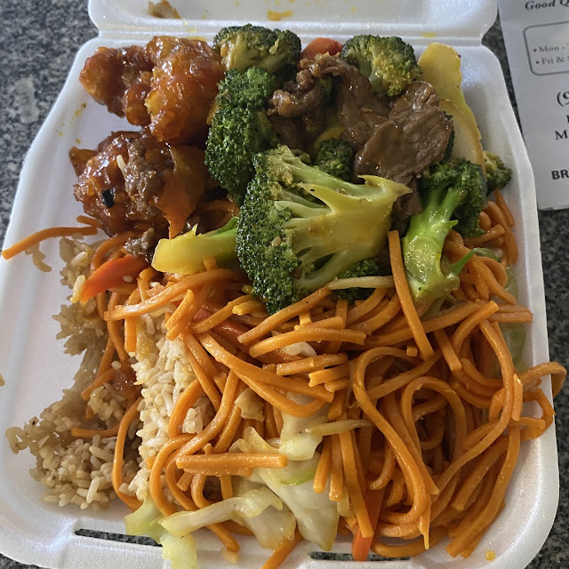 Noodles Broccoli Beef and Orange Chicken