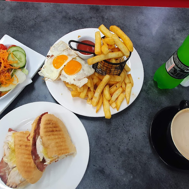 Chicken Bacon & BBQ Panini with Chips and Salad and 2 Fried Eggs