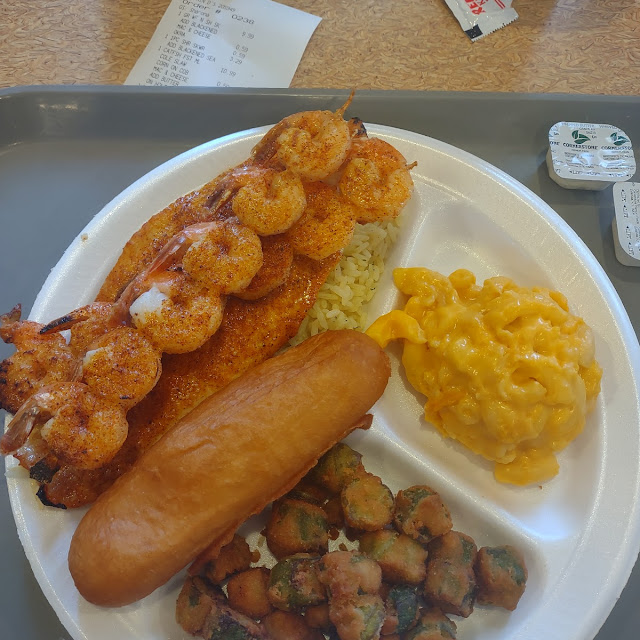 Blacked White Fish Skewed Shrimp with Rice Coleslaw and Mac and Cheese