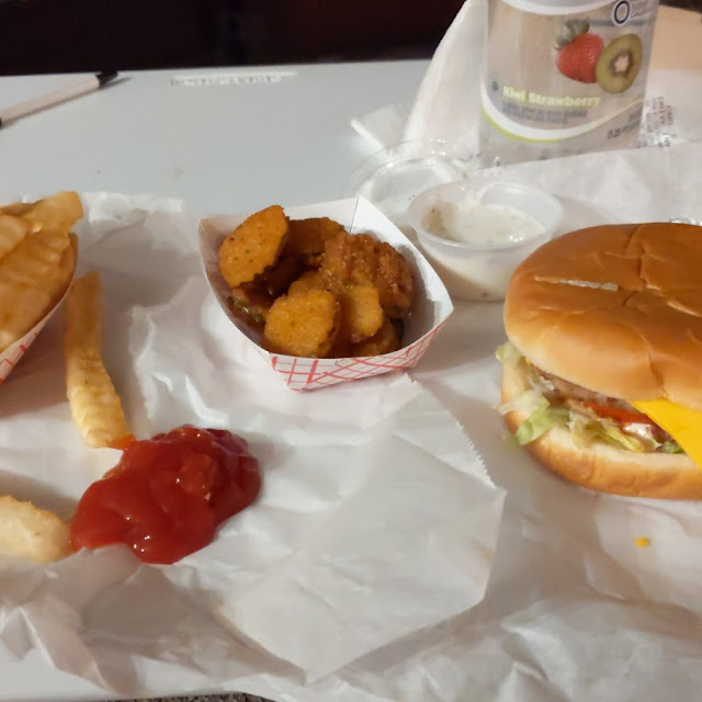 Cheeseburger with Fries and Fried Pickles