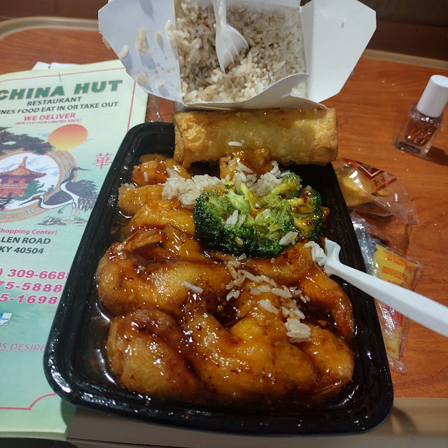General TSO's Shrimp Rice Broccoli and an Eggroll