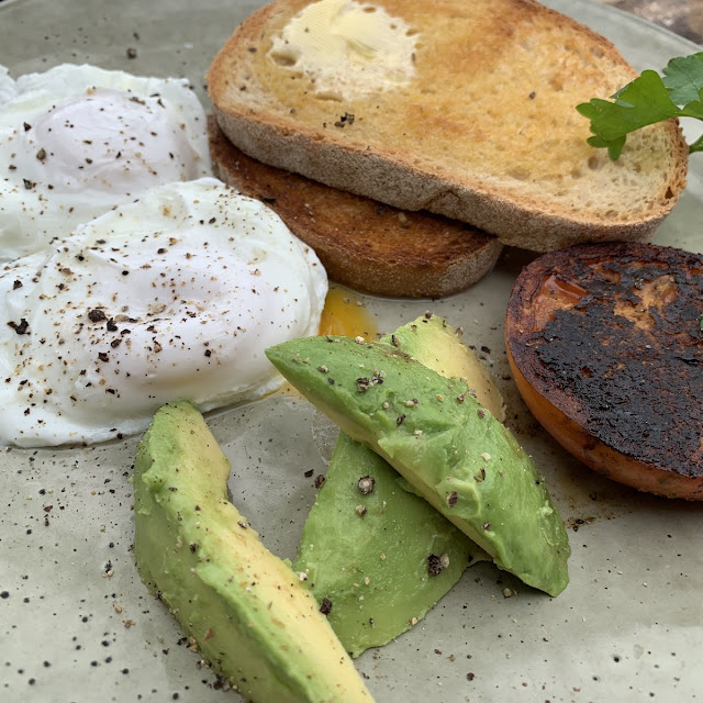 Poached Eggs on Sourdough Toast with a Side of Avocado