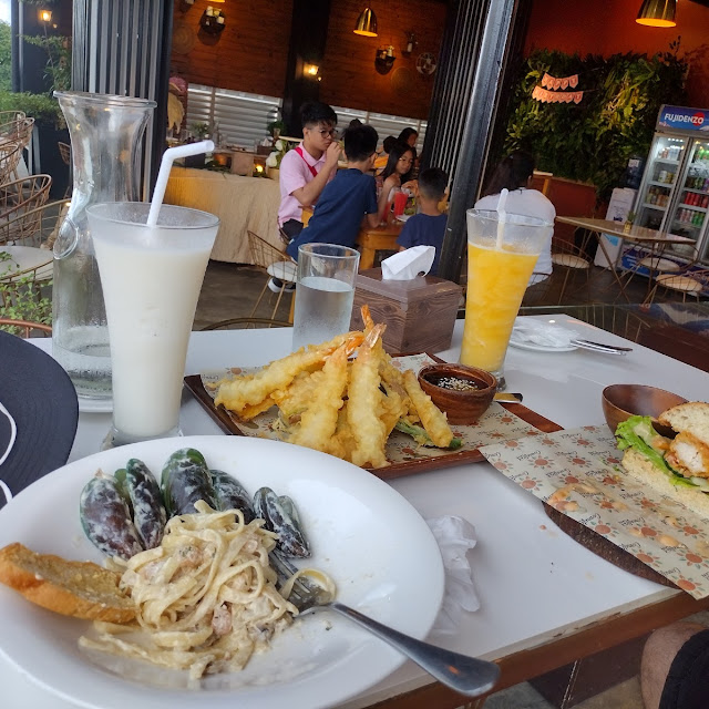 Seafood Pasta Tempura Shrimp and Vegetables Chicken Burger Buko Shake and Apricot Shake