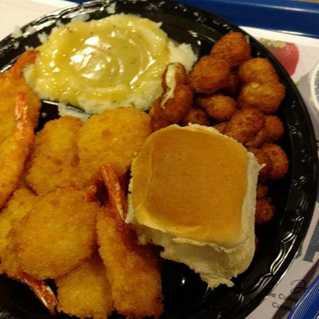 Shrimp Dinner with Mashed Potatoes and Cheese Curds