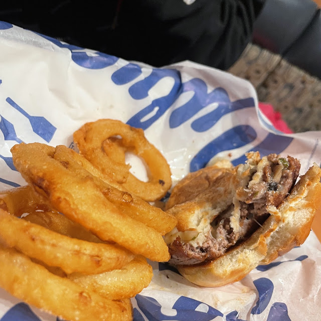 Mushroom Swiss Burger and Crispy Onion Rings