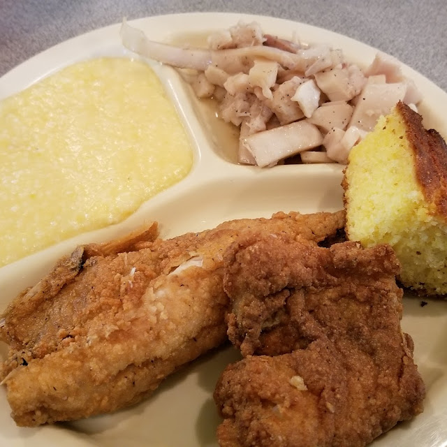 Fried Mullet Cheese Grits Swamp Cabbage & Cornbread
