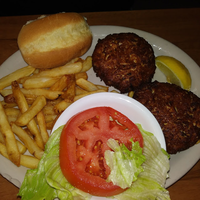 Crab Cake Platter Macaroni Cheese and French Fries