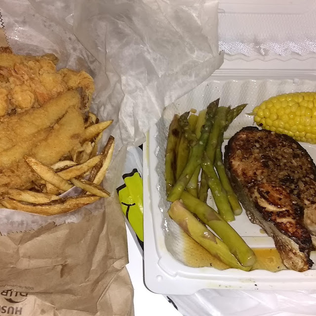 2 Fish 7 Shrimp and Chips & Broiled Salmon with Corn and Asparagus