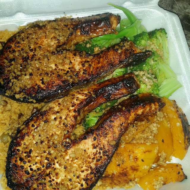 2 Piece Broiled Salmon with Rice Broccoli and a Side Order of Broiled Butternut Squash