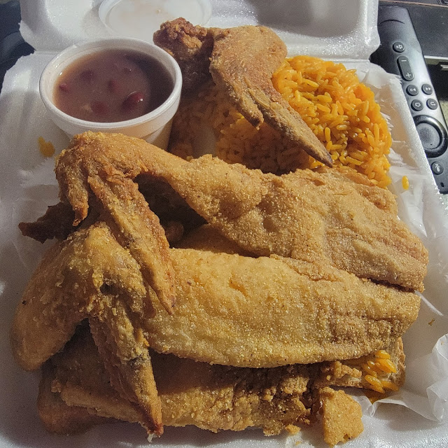 2 PC Catfish with Wings Red Beans and Yellow Rice