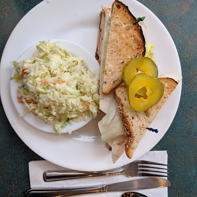 Club Sandwich on Gluten Free Bread with a Side of Coleslaw