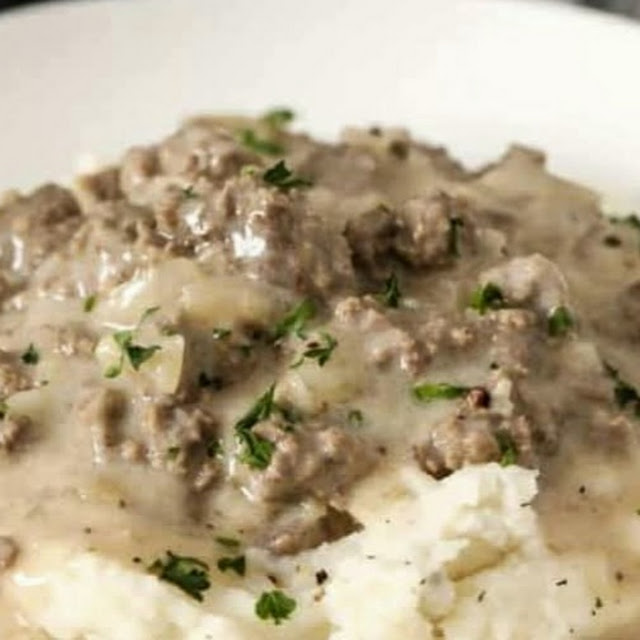 Hamburger Gravy over Mashed Potatoes