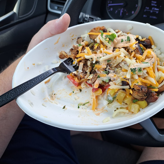 Bowl with White Rice Chicken Veggies Queso and Cilantro