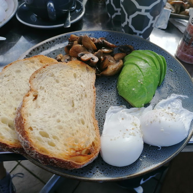 Eggs Easy with Added Avocado and Mushrooms