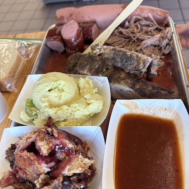 3 Meat Plate with Ribs Sausage Brisket Cherry Cobbler for Dessert