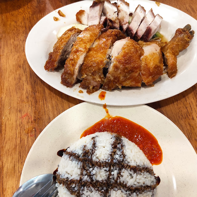 Fried Big Chicken Drumstick with Roasted Pork Rice