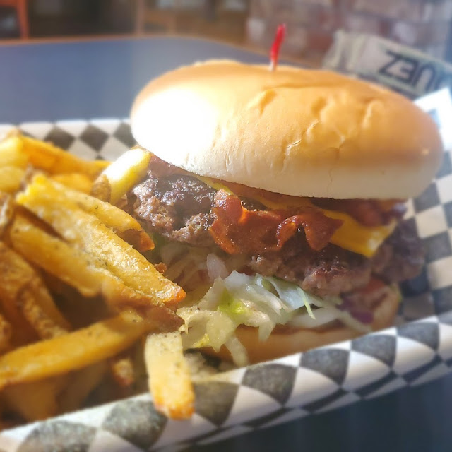 Bacon Cheeseburger with Lettuce Onions and Tomato