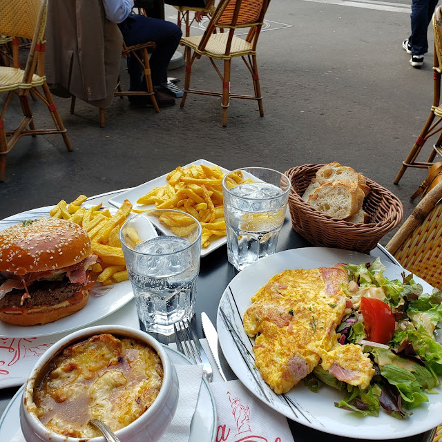 Ham and Cheese Omelette Cheeseburgerand French Onion Soup