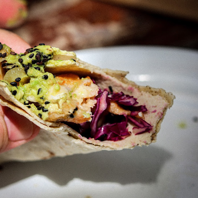 Wrapped with Bacon Served with Purple Cabbage on a Flour Tortilla