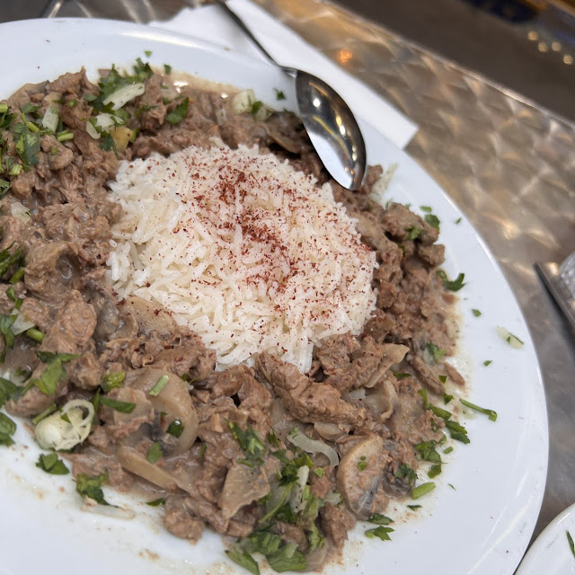 Rice with Pieces of Meat and Mushrooms