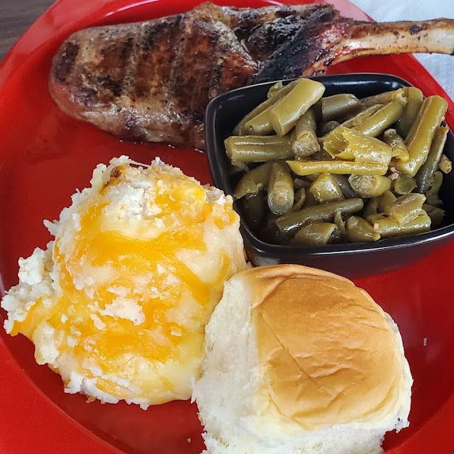 Bone in Pork Rinds Loaded Mashed Potatoes and Green Beans