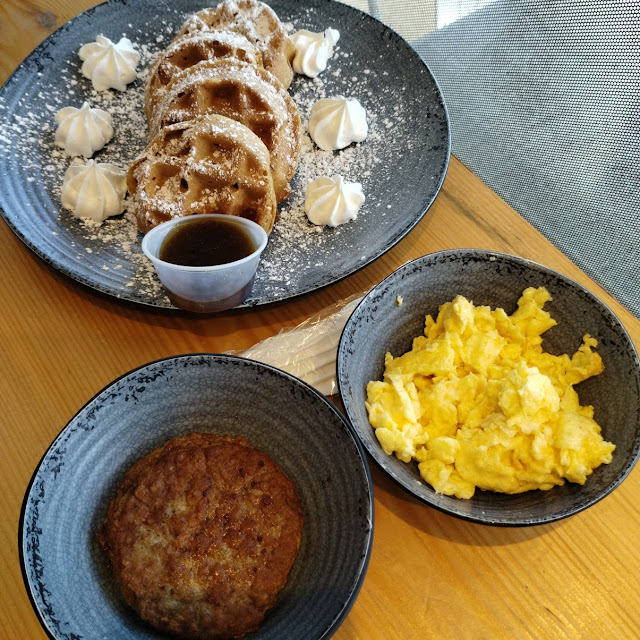Sweet Potato Waffles Eggs and Turkey Sausage