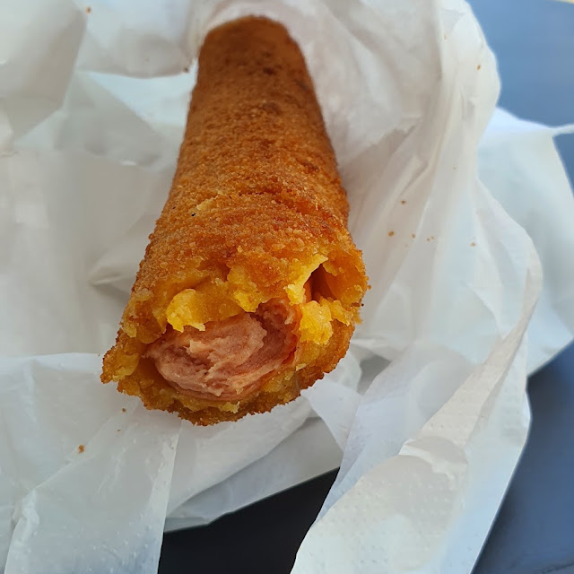 Long Frankfurter Sausage in Corn Pastry Fried
