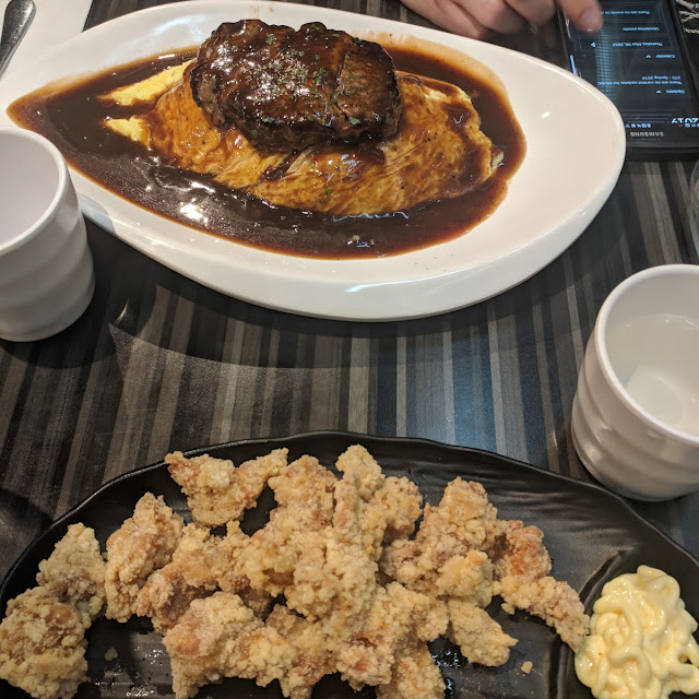 Steak with Omurice and Deep Fried Chicken Cartilage Nankotsu