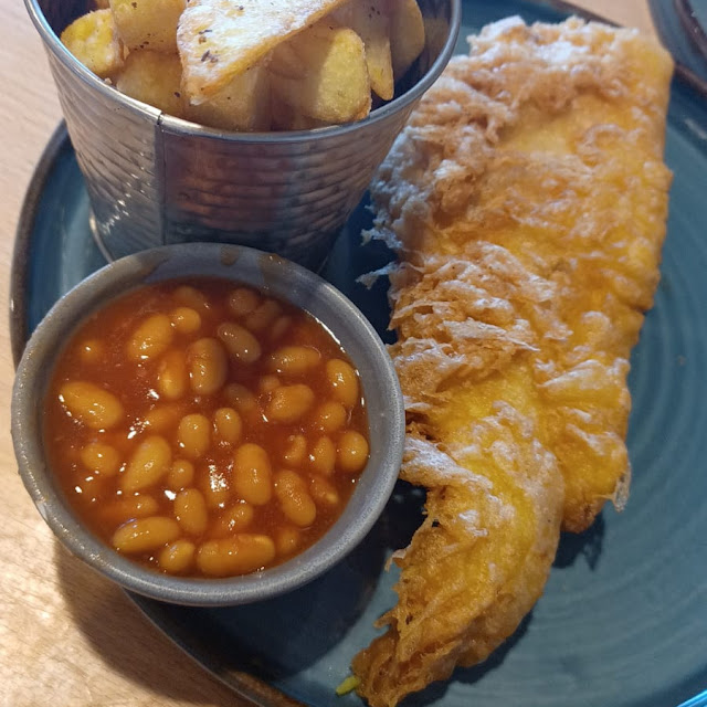 Small Fish and Chips with Beans and Chips in a Daft Bucket