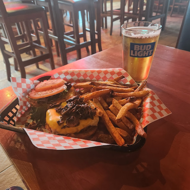 Cheese Burger Mushroom Melt with Mustang Sallys Piping Hot Fries