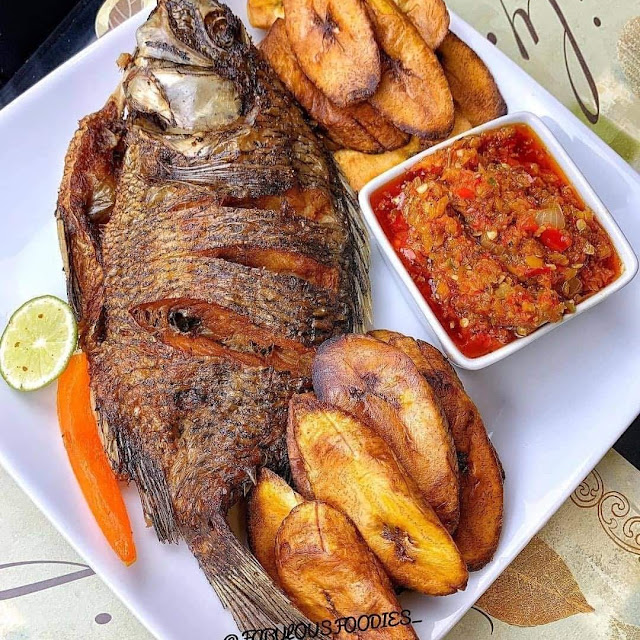 Beans with Fried Fish and Fried Plantains