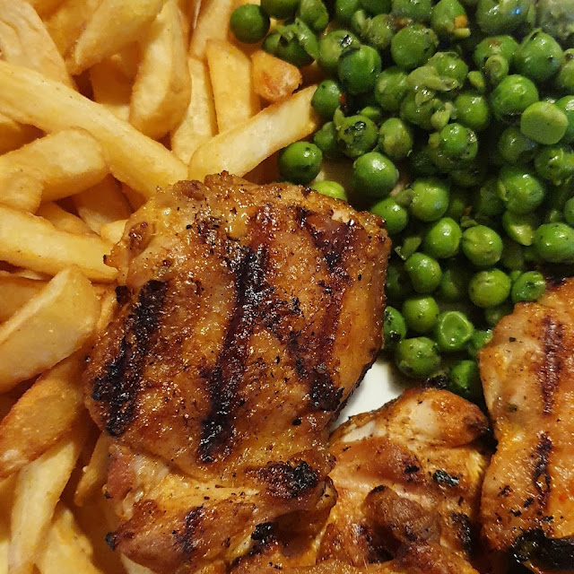 Chicken Thighs Chips and Macho Peas