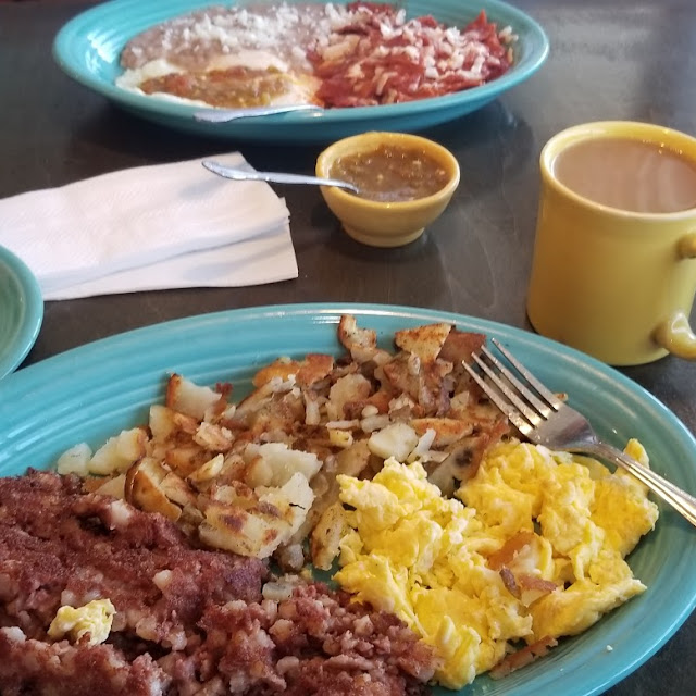 Cornedbeef Hash and Eggs and Chilaquiles