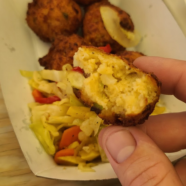 Roasted Corn Saltfish Fritters with Mango Jerk Sauce Gluten Free