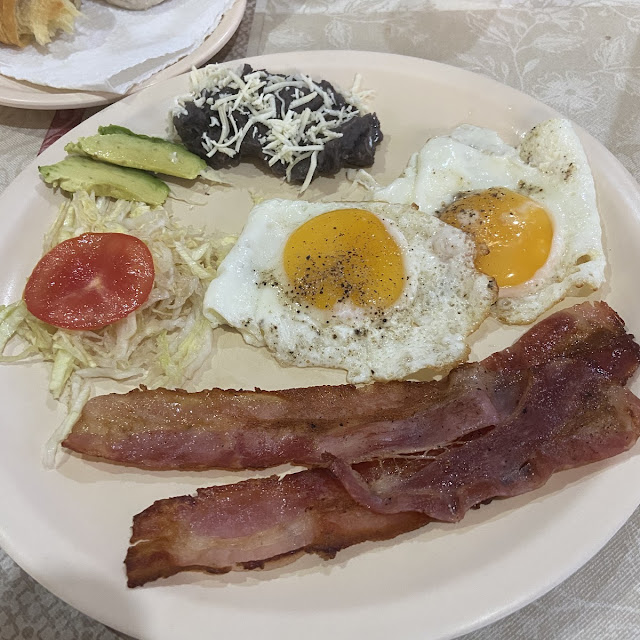 Bacon Eggs Refried Beans with Cheese and Salad