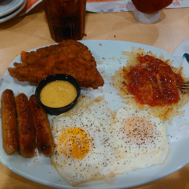 Chicken Fried Steak and Eggs with Extra Side of Sausage Links