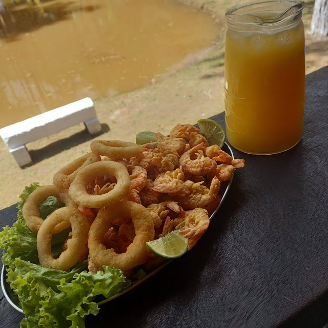 Porção de Camarão Com Anéis de Cebola Empanadas E Camarão