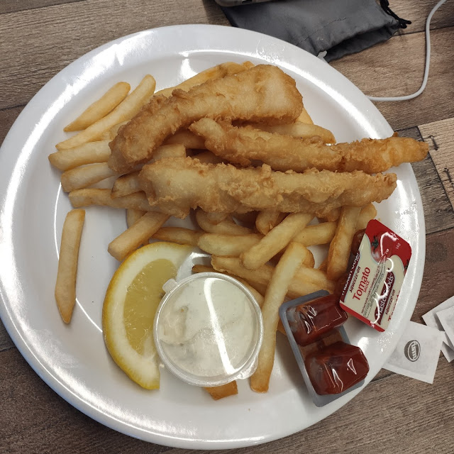 Battered Flathead and Chips and Dipping Sauce