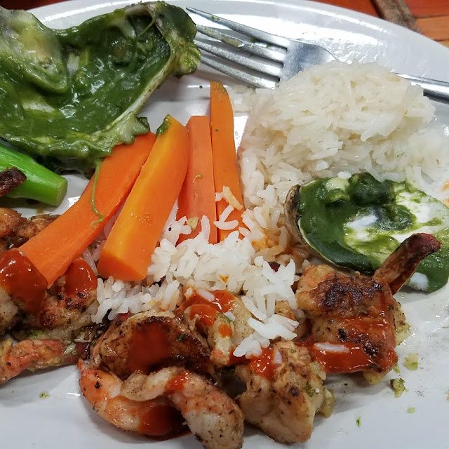 Grilled Shrimp with Steamed Vegetables and a Couple of Oysters Rockefeller
