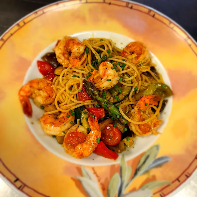 Spagetti Crevetten Basilikum