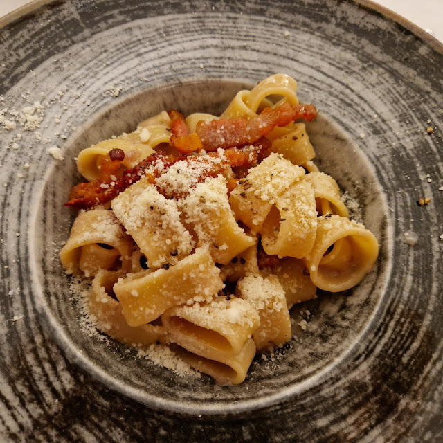 Paccheri Amatriciana Style With Cured Pork Cheek And Shrimps
